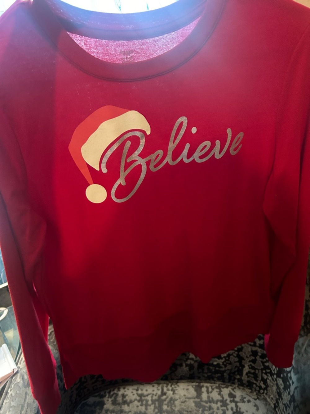 Holiday Time Red Sweatshirt with Gold 'Believe' and Santa Hat